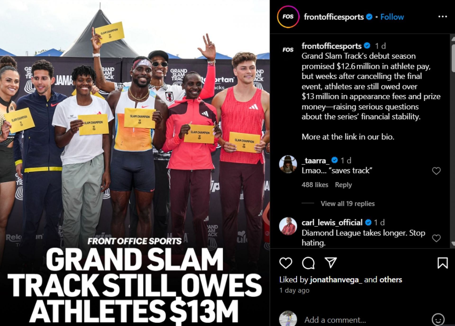Tara comments of GST's post; Instagram - @frontofficesports